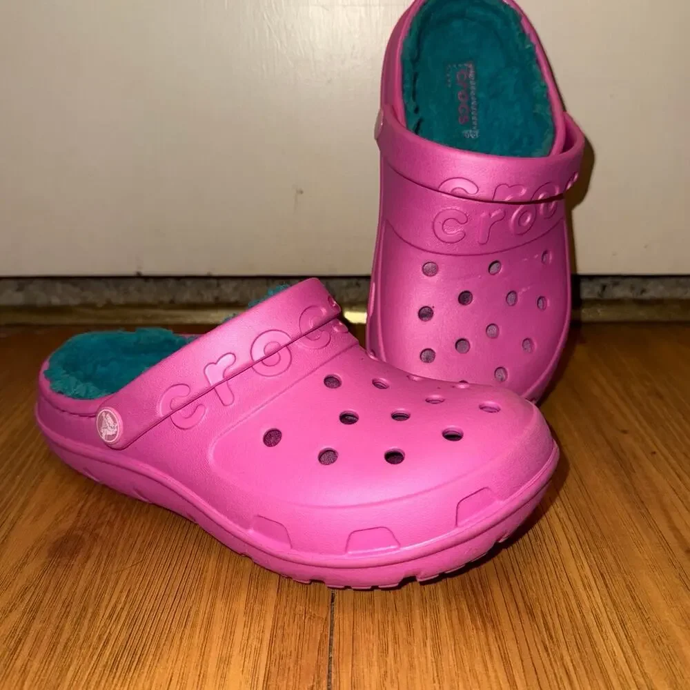 Crocs Classic Lined Clogs Kids J1 Pink Teal Fuzzy Lined Slip On Shoes